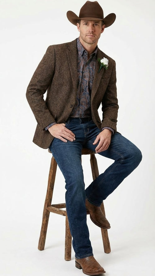 Saco Vaquero Men’s Brown Western Tweed Herringbone Blazer Jacket – Classic Cowboy Style Sport Coat for Wedding Party
