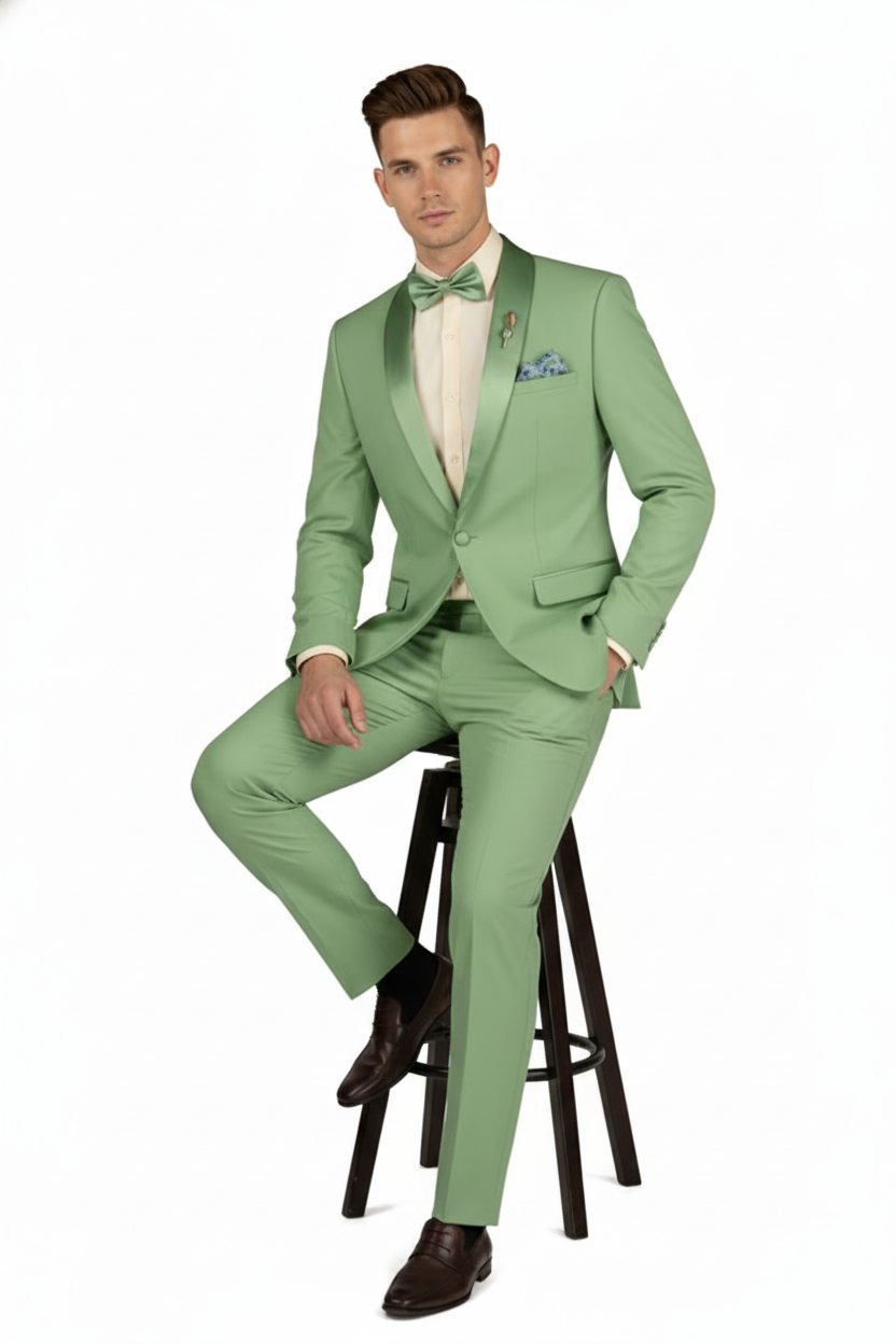 Men’s Mint Green Tuxedo – 2-Piece Formal Suit with Satin Shawl Lapel and Matching Bow Tie in Sage Green