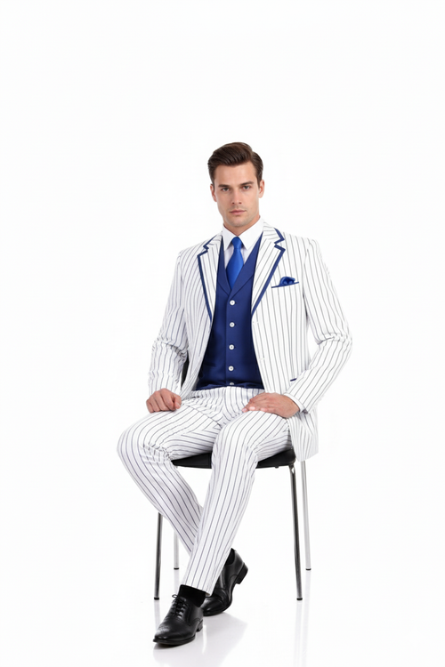 Men’s White and Royal Blue Pinstripe 3-Piece Suit - Classic Fit Blazer with Vest, Pants, and Tie by USA Men's Outlet