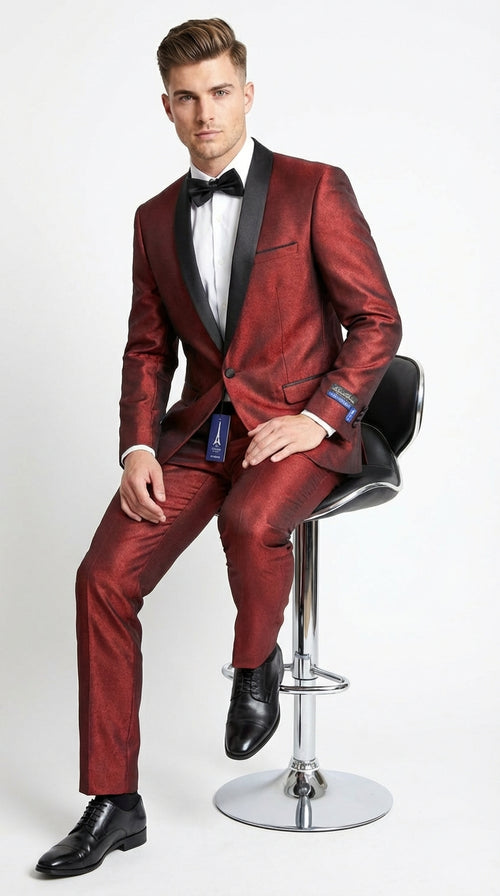 Men’s Shiny Burgundy Satin Tuxedo Jacket with Black Shawl Lapel | Formal Wedding & Prom Blazer - Sharkskin Fabric