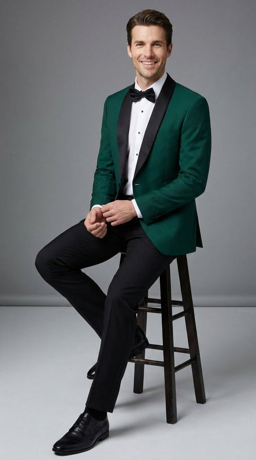 Men’s Emerald Green Tuxedo Jacket with Black Satin Shawl Lapel | Prom Dinner Blazer