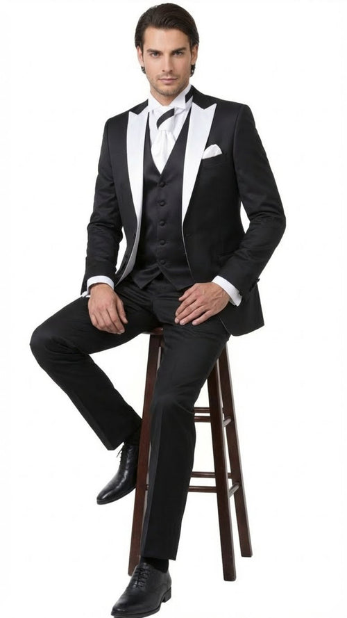 Men’s Black and White Lapel Prom Tuxedo Suit + Black Vest + Black Pants Peak Lapel USA Men's Outlet
