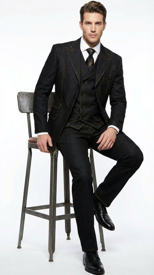 Men's Black Denim Fabric Suit β Classic Three Piece Denim Suit for Wedding, Prom and Church Wear