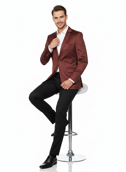 Men’s Slim Fit Maroon Satin Blazer – Elegant Two-Button Formal Suit Jacket for Weddings, in Maroon Wine Color