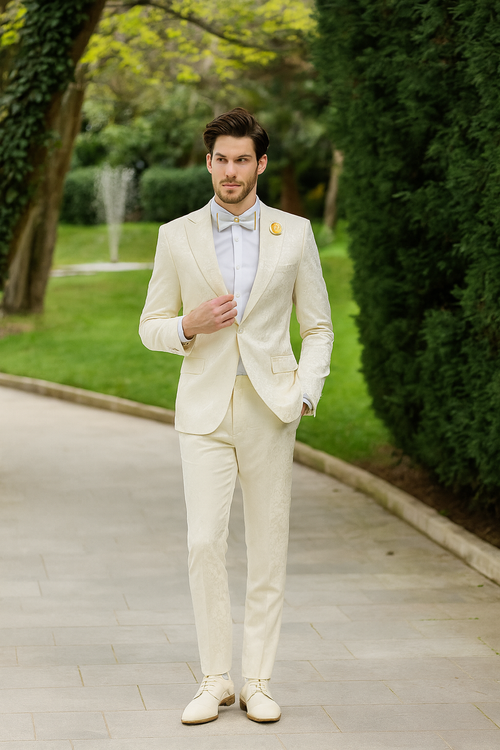 Men’s Champaign Ivory Jacquard Paisley Tuxedo Suit with Satin Shawl Lapel – Elegant Wedding and Prom Outfit By Rossiman