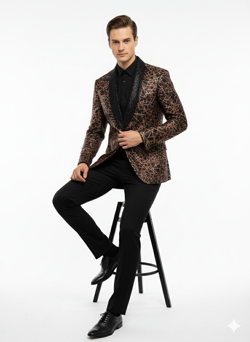 Men’s Black Shiny Designer Blazer with Red and Gold Pattern - Luxury Party & Wedding Jacket by USA Men's Outlet