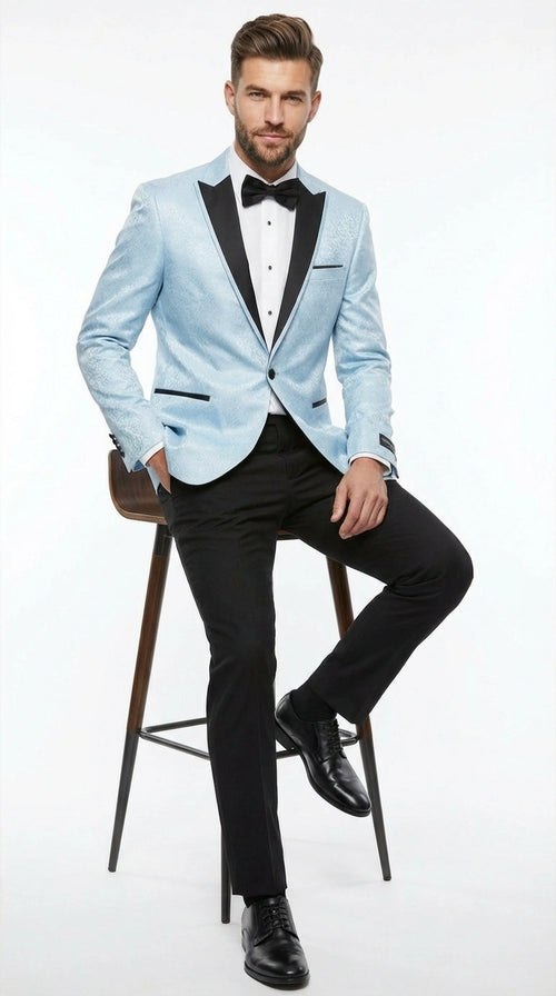 Men’s Baby Blue Tuxedo Blazer with Black Lapel – Formal Dinner Jacket for Wedding, Prom and Evening Events in Sky Light Blue Color