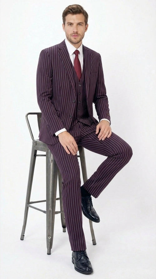 Men’s Plum Eggplant Pinstripe 3 Piece Suit – Burgundy Purple Formal Suit Gangster 1920s Mafia Pimp Suit