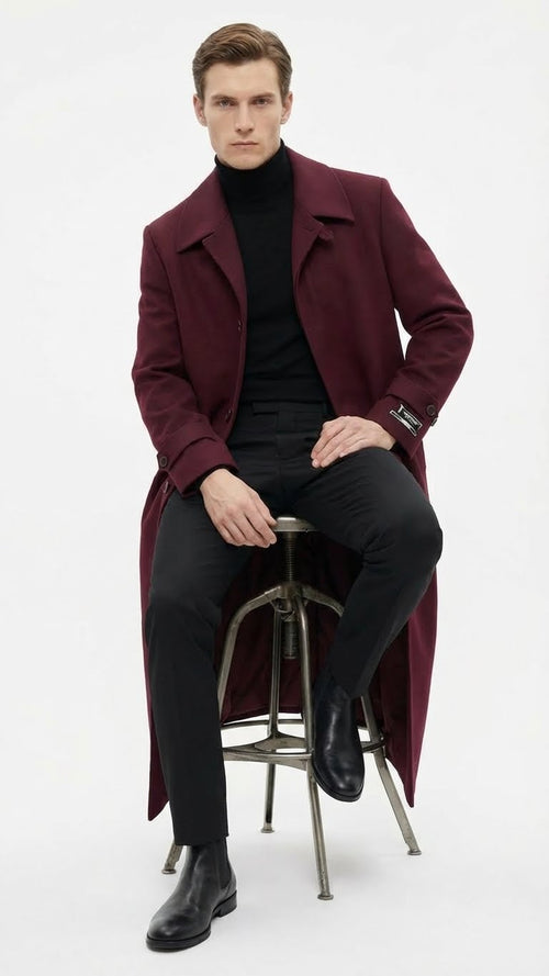 Men’s Full-Length Burgundy Overcoat – Microfiber 4 season fabric Long Formal Coat with Classic Tailored Maxi Duster Coat