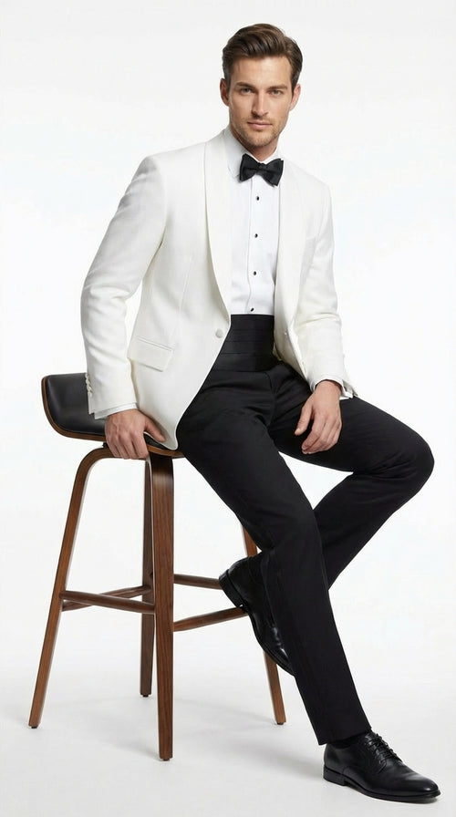 Men's White Dinner Jacket Tuxedo Blazer with Black Satin Shawl Lapel With Black Tuxedo Pants
