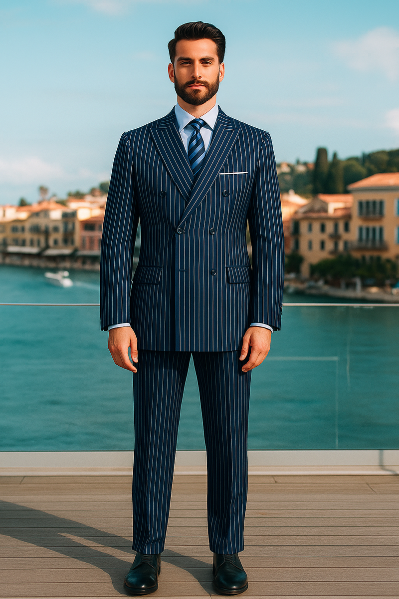 Men’s Royal Blue Pinstripe Double-Breasted Suit – 6-Button Classic Vintage Gangster Style in Indigo Cobalt Blue Pinstripe Color