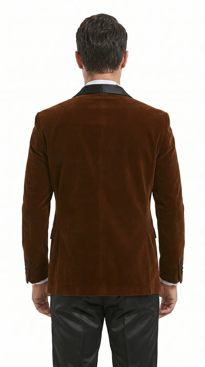 Menβs Brown Camel Bronze Velvet Tuxedo Jacket, Shawl Lapel Wedding Prom Dinner Blazer - Blazer Sportcoat