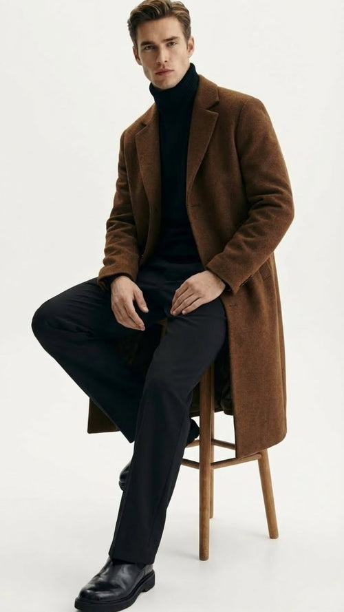 Men’s Brown Long Wool Overcoat – Topcoat Wool Carcoat Three Quarter