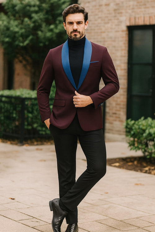 Mens Burgundy Tuxedo Dinner Jacket Blazer with Blue Satin Shawl Lapel Wedding and Party Jacket USA Men's Outlet