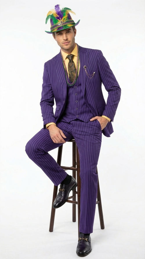 Men’s Purple Pinstripe Mardi Gras Suit | Three Piece Carnival Formal Suit with Vest