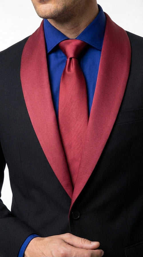 Men’s Black Suit with Burgundy Shawl Lapel – Formal Tuxedo Suit for Wedding, Prom and Evening Events + Bowtie & Tie