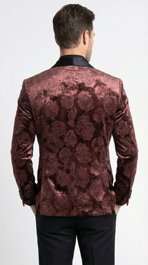 Mens Rust Copper Brick color Floral Jacquard Pasiley Blazer β Pattern Dinner Jacket with Black Shawl Lapel for Formal dinners and Wedding