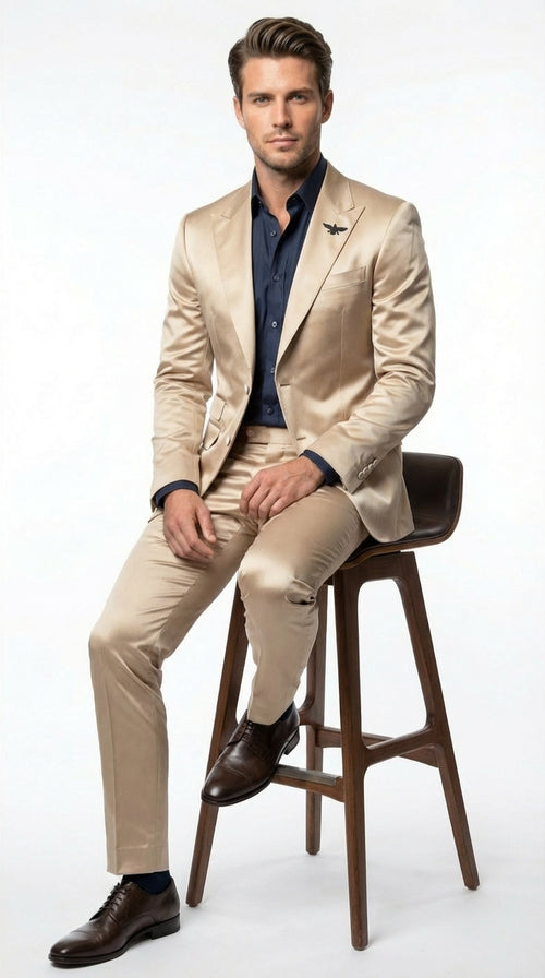 Mens Shiny Champagne Gold Two Piece Suit – Luxury Formal Satin Finish Suit for Wedding, Party and Evening Wear