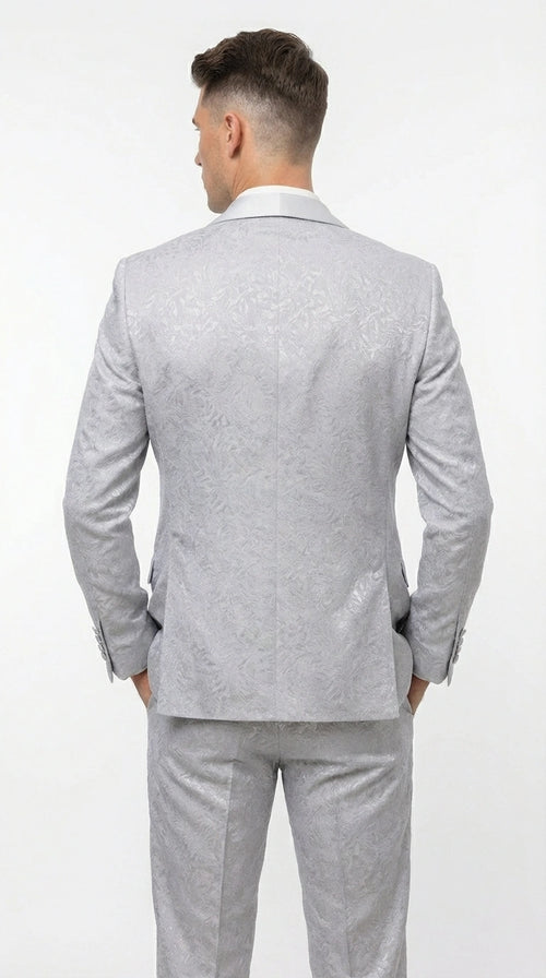 Mens Light Silver Wedding Tuxedo Suit β Paisley Fabric Three Piece Formal Suit Set with Shawl Lapel for Groom, Prom, Gala and ice Grey