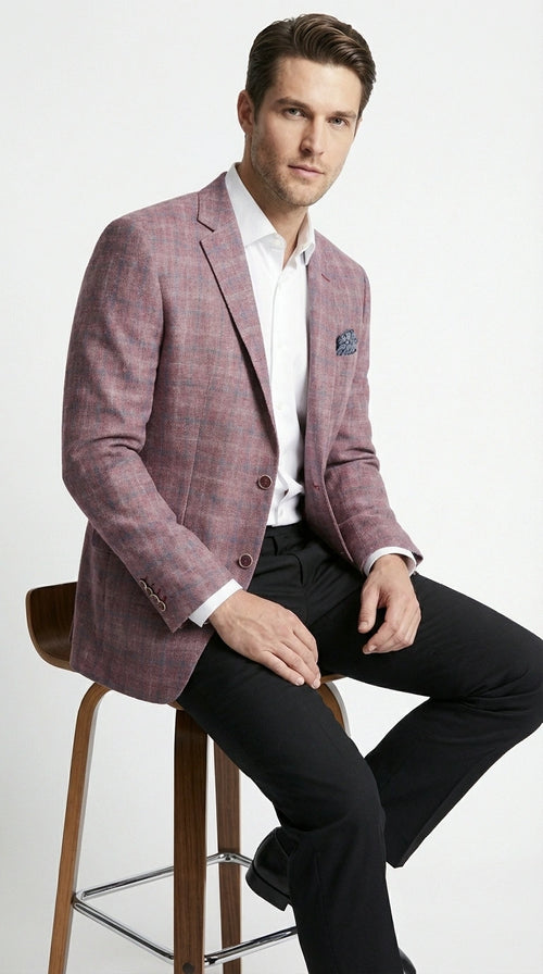 Mens Dusty Rose Mauve Pink with Tint of Blue Plaid Sport Coat Blazer β Classic Check Pattern Casual Blazer Jacket for Business Casual, Wedding