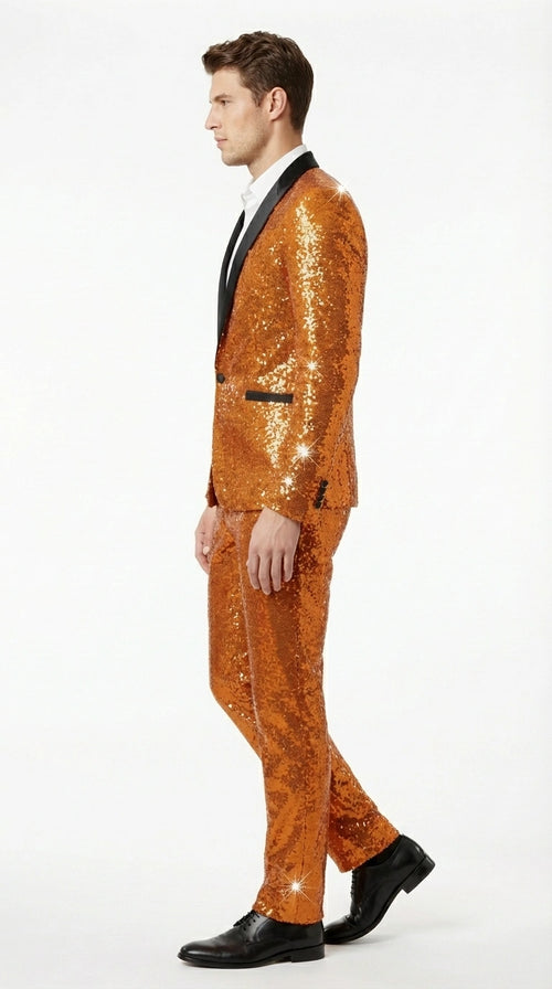 Mens Orange Sequin Tuxedo Suit β Shiny Wedding Suit Set with Black Lapel for Prom, Party, Gala and Formal Evening Wear - Goldish Orange