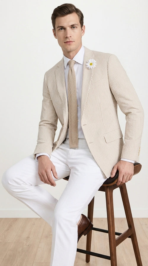 Mens Beige Seersucker Blazer β Lightweight Striped Summer Sport Coat Casual Smart Formal Jacket
