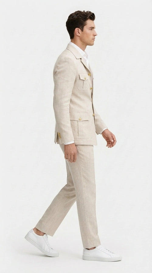Mens Tan Beige Safari Military Walking Suit Set β Casual Two Piece Outfit Lightweight Summer Blazer and Pants Set Classic Casual Wear