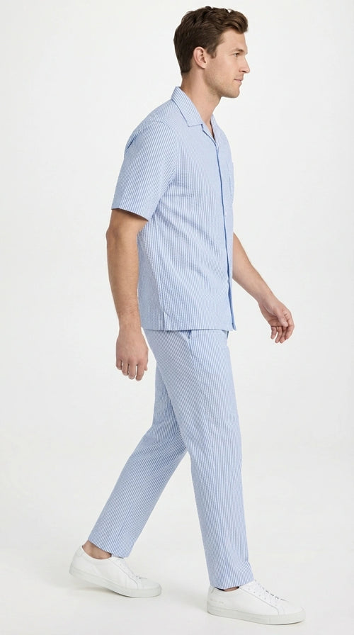 Mens Light Blue Seersucker Walking Suit Set β Casual Summer Short Sleeve Outfit with Matching Pants Lightweight Two Piece Set