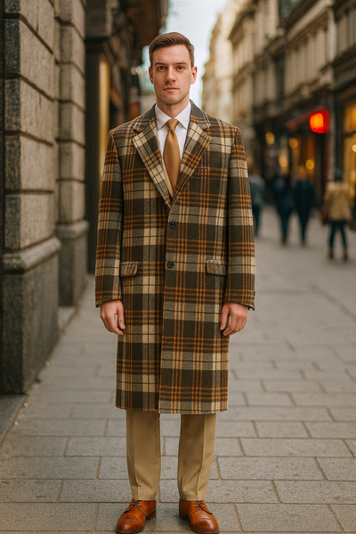 Men’s Vintage Plaid Overcoat Wool Fabric - Classic Retro Long Coat in Brown And Camel and Beige Color USA Men's Outlet