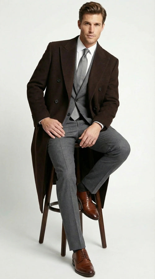 Menās Brown Long Overcoat ā Double Breasted Classic Formal Winter Coat for Business, Topcoat and Cold Weather Wear