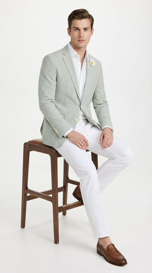 Mens Sage Green Seersucker Blazer – Lightweight Striped Summer Sport Coat Casual Smart Formal Jacket