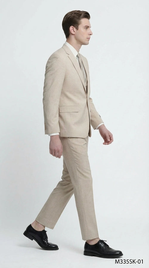 Mens Sand Beige 3 Piece Suit β Double breasted Vest Formal Suit Set and Dress Pants in Champaign Natural Summer Color