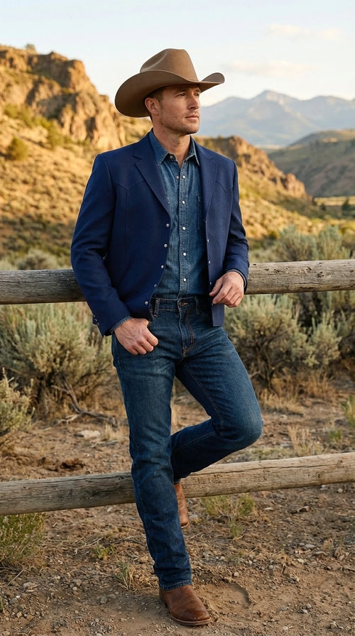 Mens Navy Blue Western Blazer Set β Cowboy Style Jacket and Pants Outfit Classic Country Western Blazer