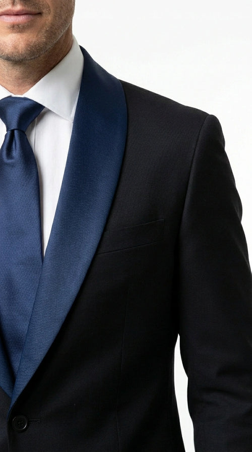 Men’s Black Suit with Navy Blue Lapel – Elegant Formal Tuxedo Style Suit for Wedding, Prom, Party and Evening Wear