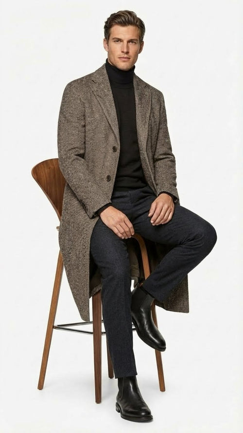 Men’s Black & Grey Herringbone Tweed Wool Blend Overcoat - Classic Single-Breasted Winter Blazer Carcoat by USA Men's Outlet