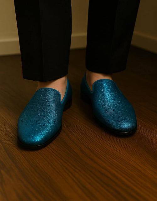 Men's Turquoise Blue Sequin Glitter Loafers - Sparkling Slip-On Party Dress Shoes for Prom, Weddings, and Nightlife by USA Men's Outlet