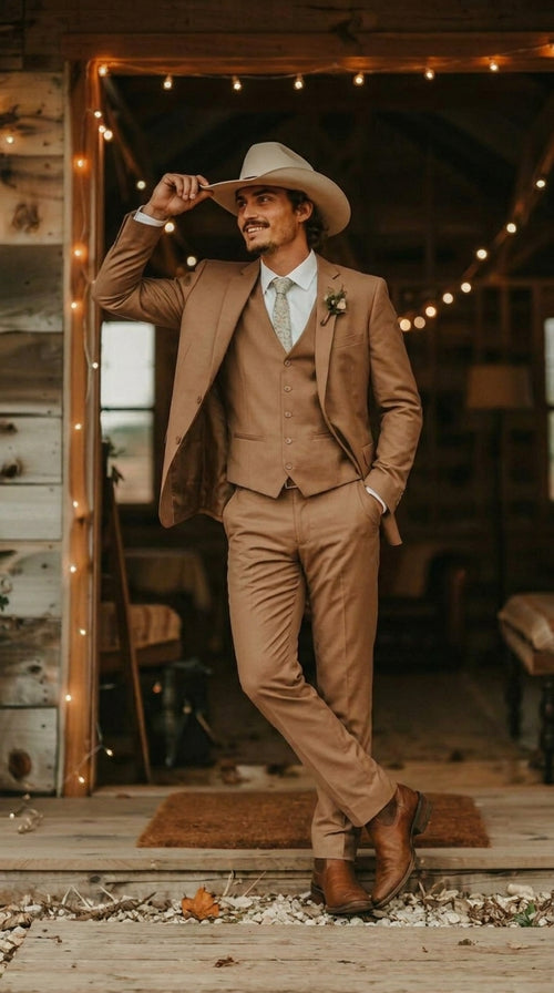 Mens Camel Brown Copper Western 3 Piece Suit β Classic Country Style Blazer Vest Pants Set, Formal Cowboy Suit Outfit