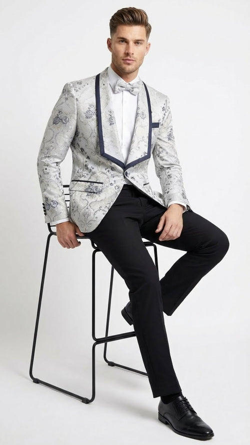 Men’s White and Navy Blue Lapel Floral Jacquard Blazer with Contrast Shawl Lapel – Luxury Wedding and Party Wear Jacket paisley Tuxedo Navy Pants