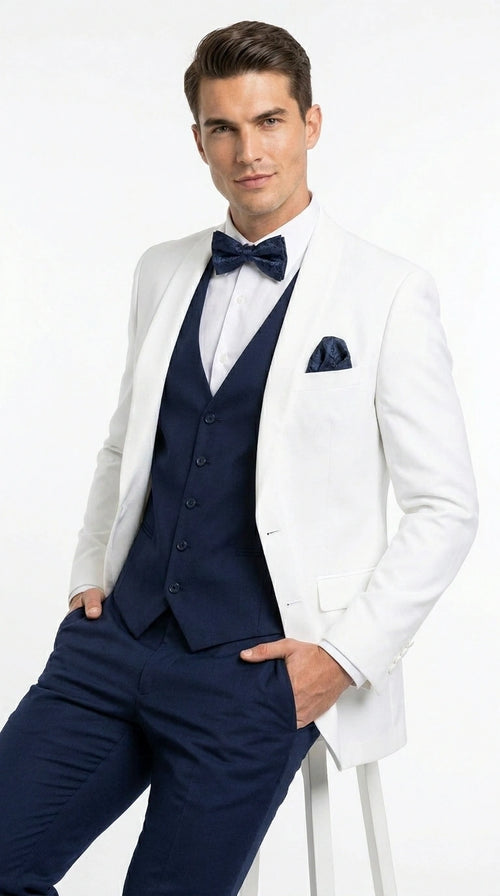 Men’s White and Navy blue tuxedo 3 Piece Suit – Classic White Blazer with Navy Vest and Pants for Wedding, Party + Bowtie