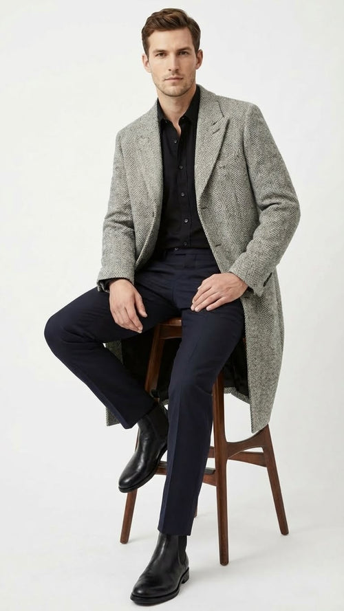 Men’s Grey Herringbone Long Overcoat – Tweed Black and White Pattern Wool Topcoat Three Qaurter