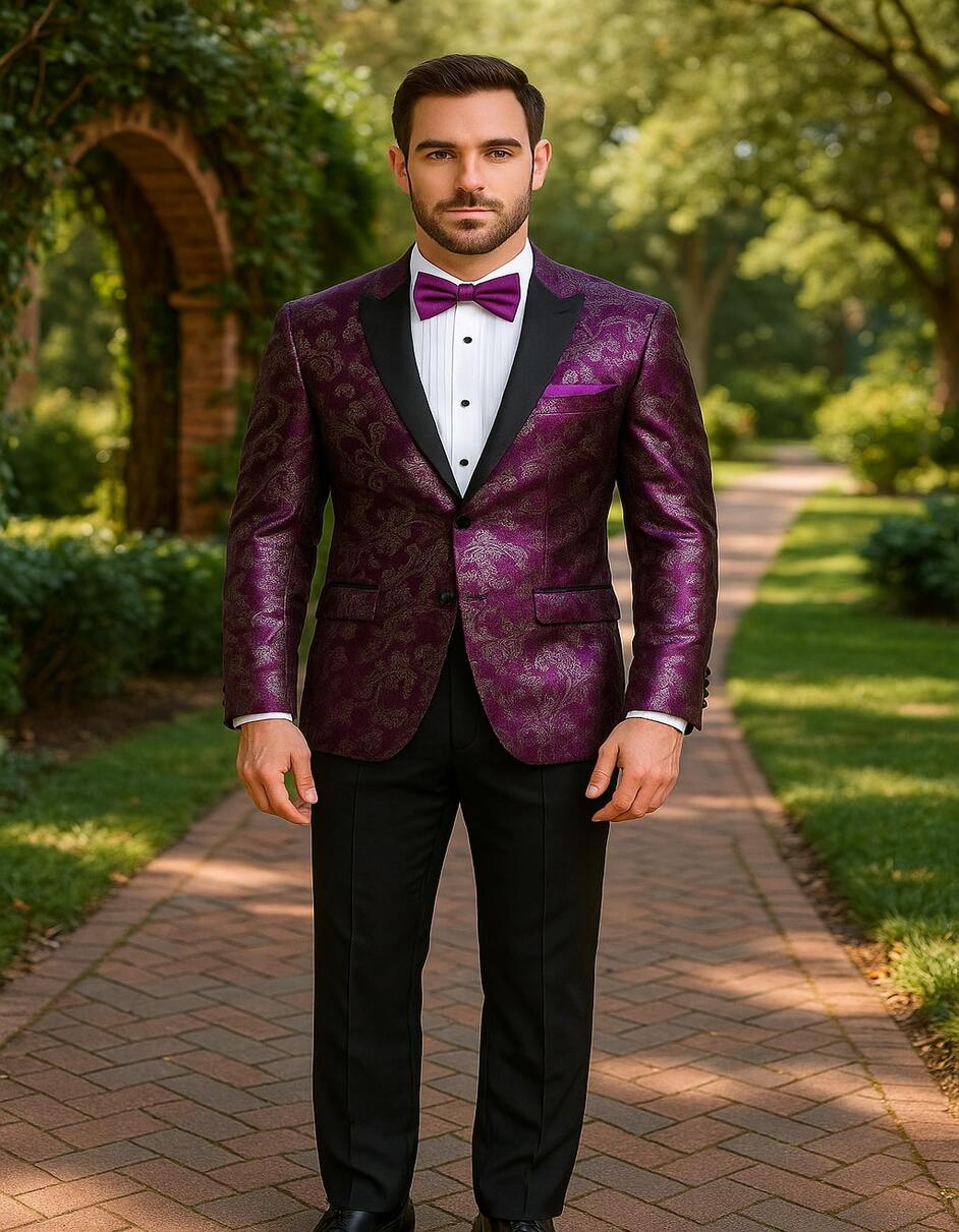 Product Title: Men's Pinkish ~ Purple Paisley Tuxedo Jacket with Black Satin Lapel – Formal Prom and Wedding Blazer in Meganta Color