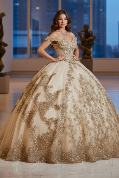 Applique Off Shoulder Quinceanera Dress Corset Ball Gown with Train by Bella Princess PQ1055