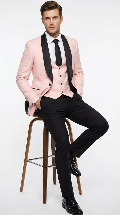 Men’s Blush Pink Tuxedo Suit Set with Black Shawl Lapel - 3 Piece Formal Wedding and Party Prom Vest + Black Pants by USA Men's Outlet
