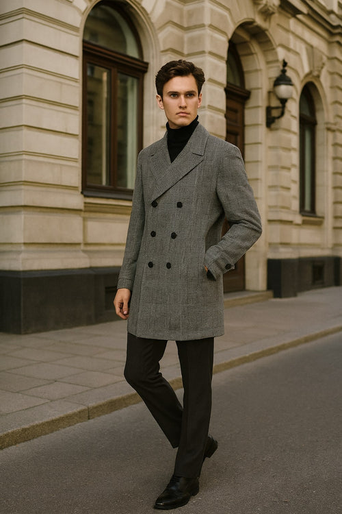 Mens Grey Plaid Double-Breasted Overcoat with Black Faux Fur Collar β Classic Winter Peacoat
