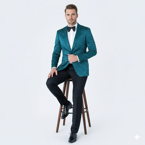 Mens Teal Blue Paisley Tuxedo Jacket – Elegant Shawl Lapel Dinner Blazer for Weddings, Prom and Formal Events - Greenish Blue