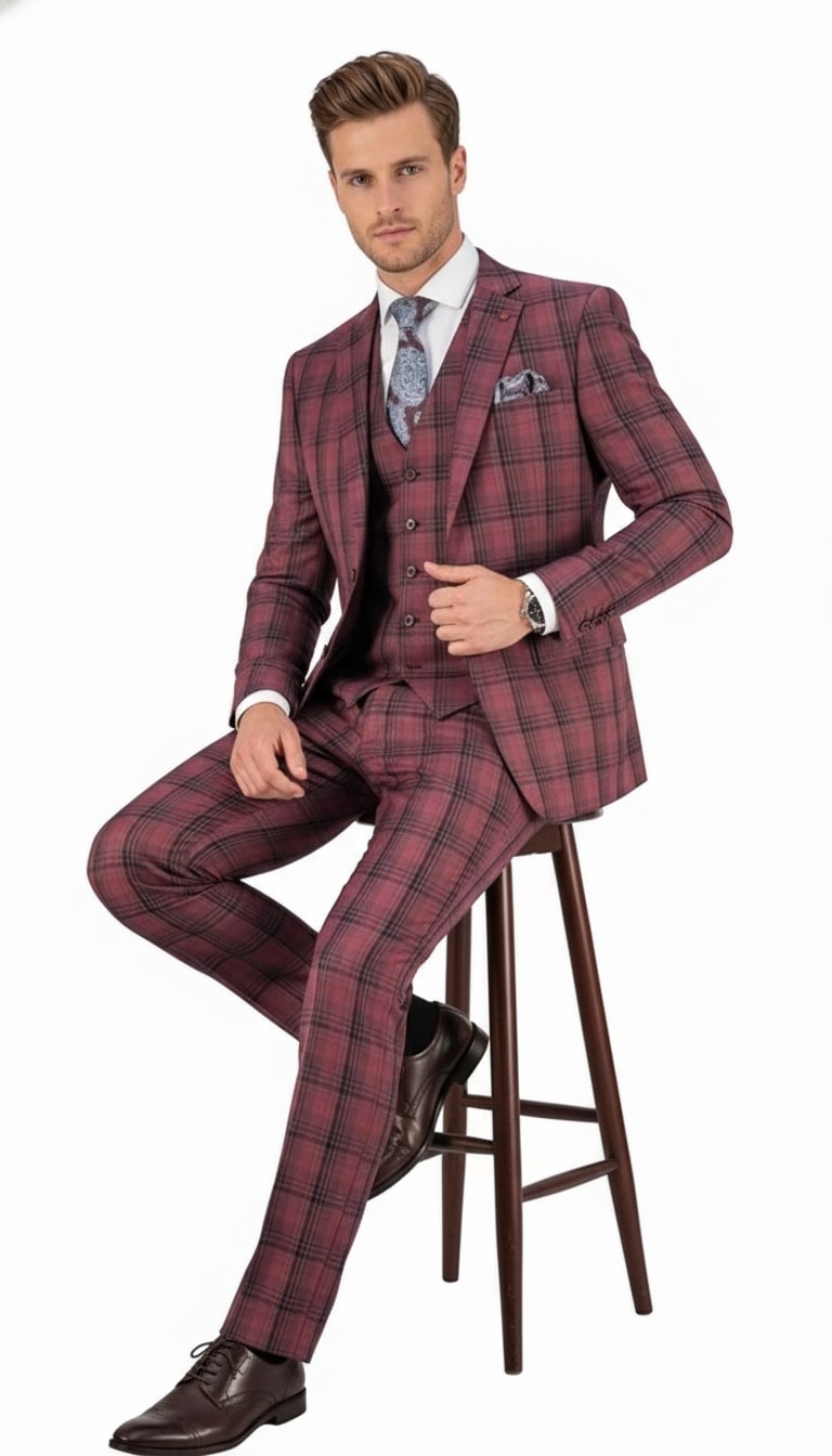 Mens Red Burgundy Plaid 3-Piece Suit – Classic Checkered Modern Fit Suit for Weddings, Church and Formal Events