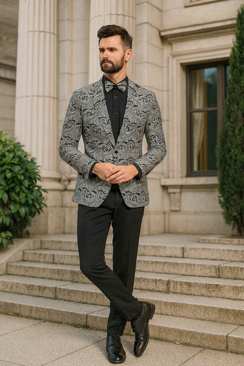 Men’s Black and Silver Paisley Tuxedo Jacket - Slim Fit Dinner Blazer with Matching Bow Tie with Black Pants by USA Men's Outlet
