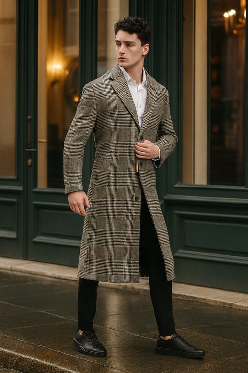 Men’s Full length Long Plaid Overcoat - Classic Checkered Wool Blend Winter Coat in Gray Color Checkered by USA Men's Outlet