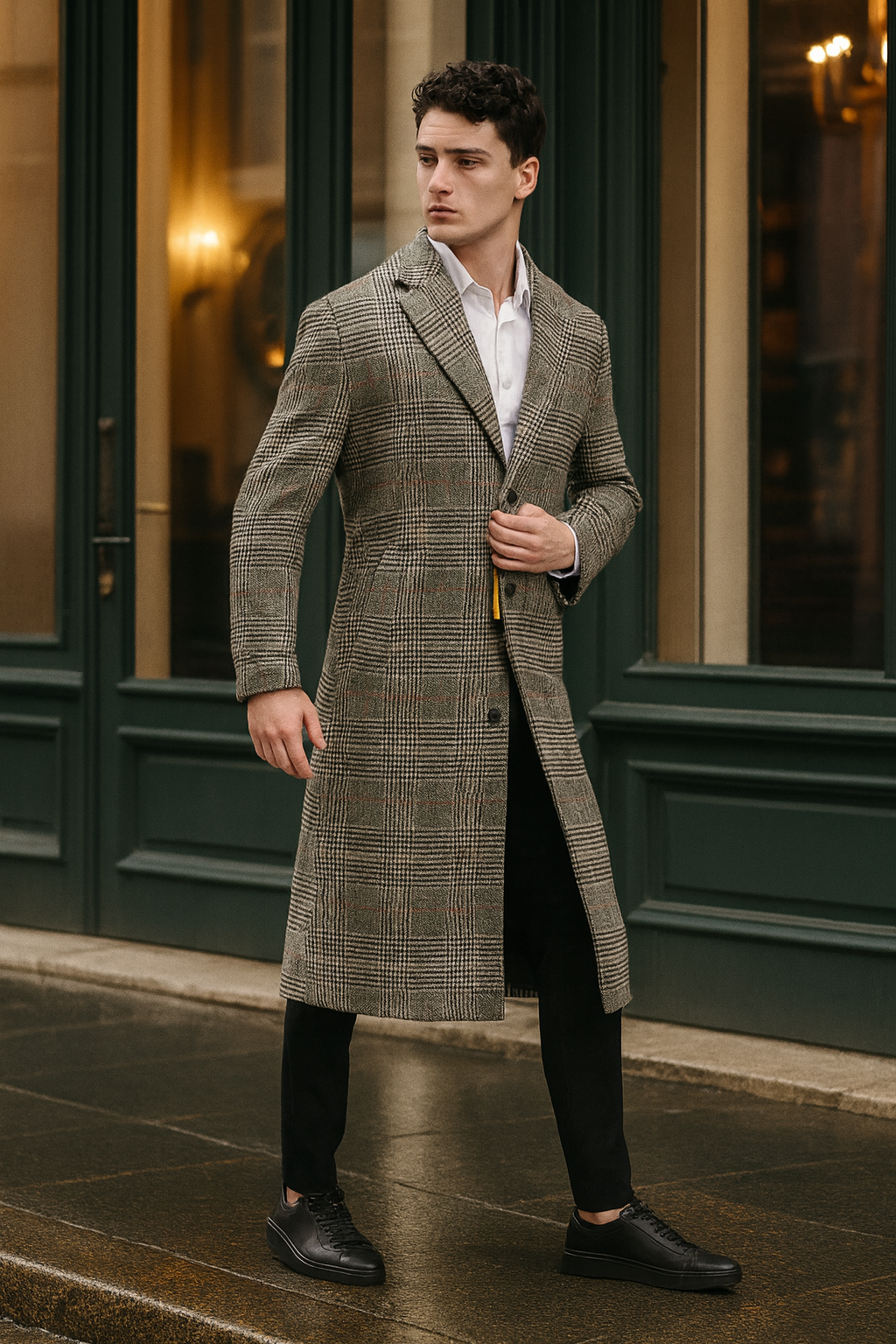 Men’s Full length Long Plaid Overcoat – Classic Checkered Wool Blend Winter Coat in Gray Color Checkered