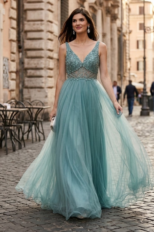 Embroidered A-line Prom Dress Sleeveless V-Neck Evening gown
